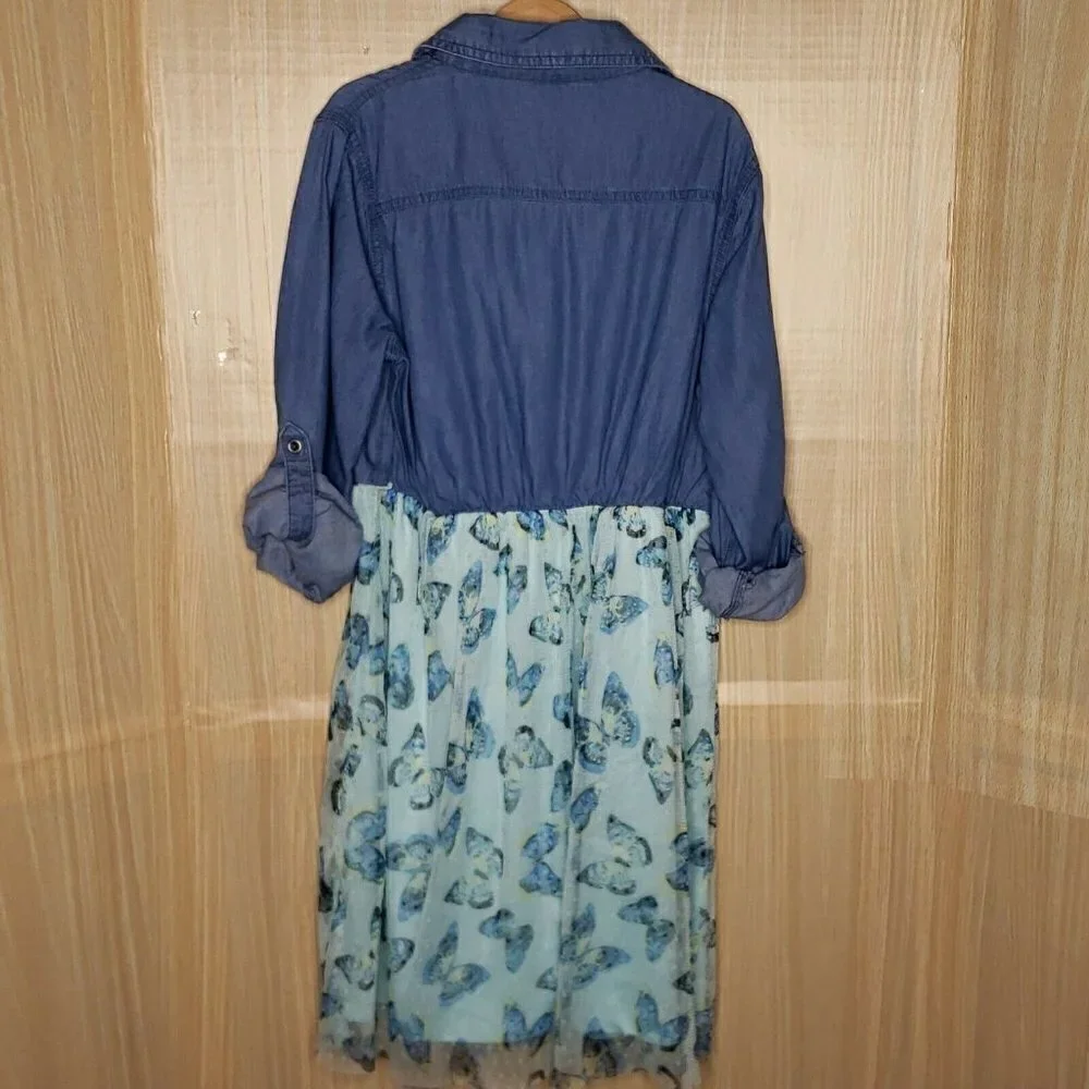 Justice Girls Long Sleeve Denim Look Dress With Butterfly Skirt 12